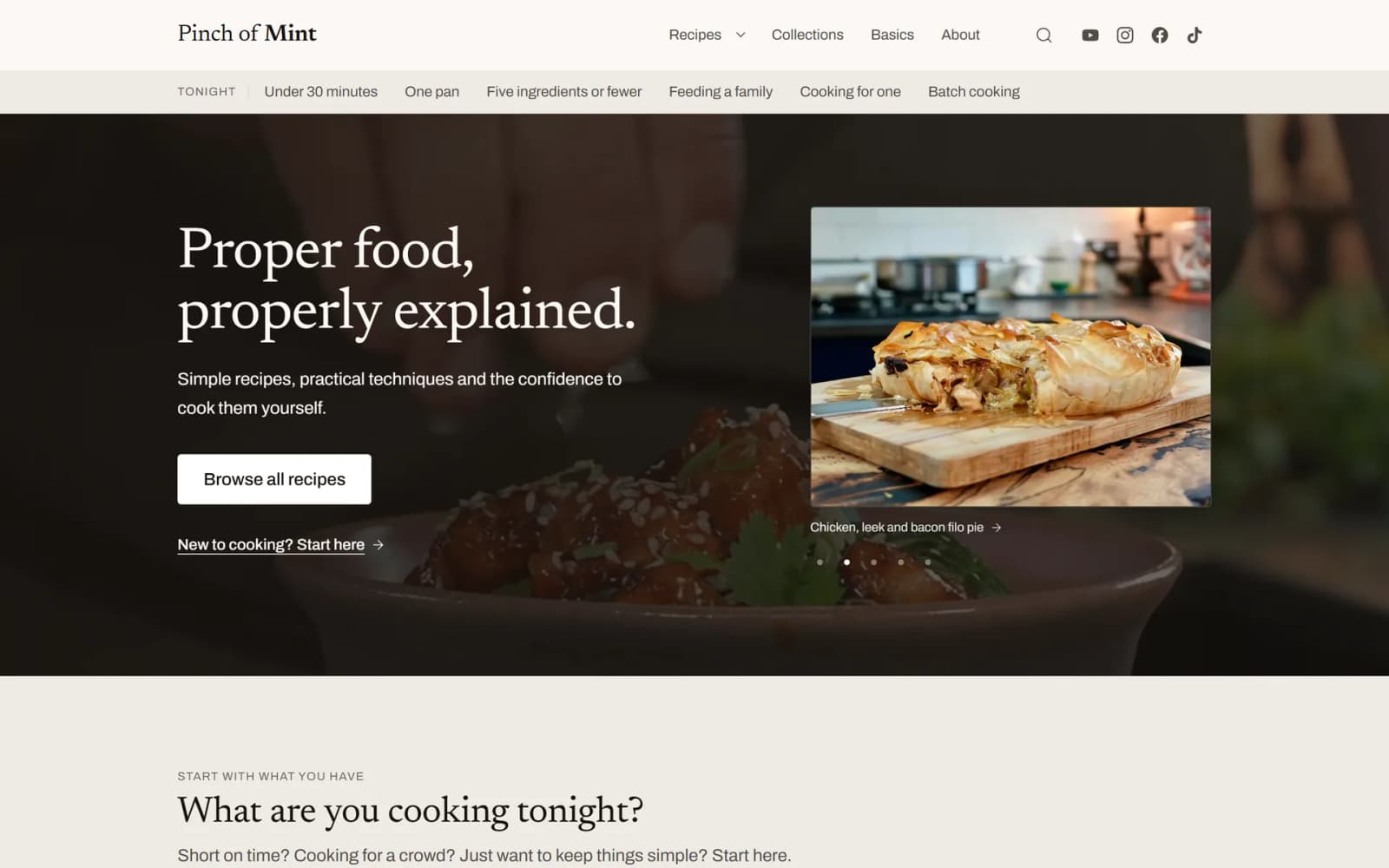 The new Pinch of Mint homepage: a categorised menu, quick filters (under 30 minutes, one pan), a featured recipe with photo.
