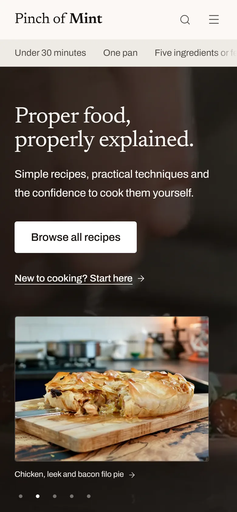 The new site on a phone, with quick filters under the menu.