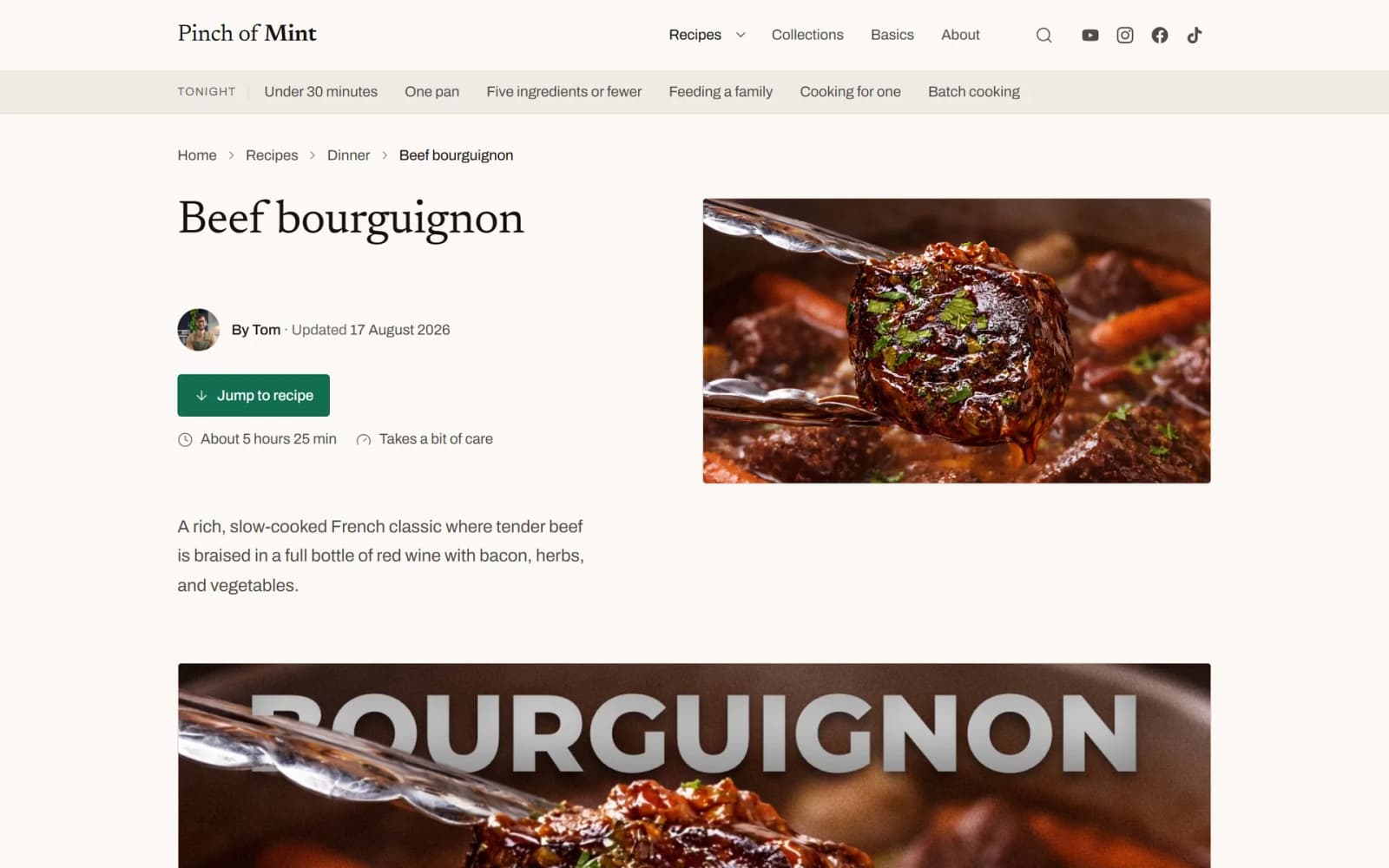 The new recipe page: cooking time, difficulty, a jump-to-recipe button, the author's name and photo.