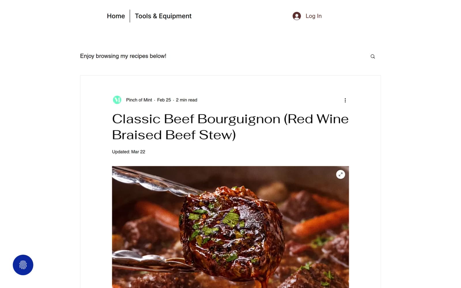 The old recipe page: a Wix blog template with only an update date under the title.